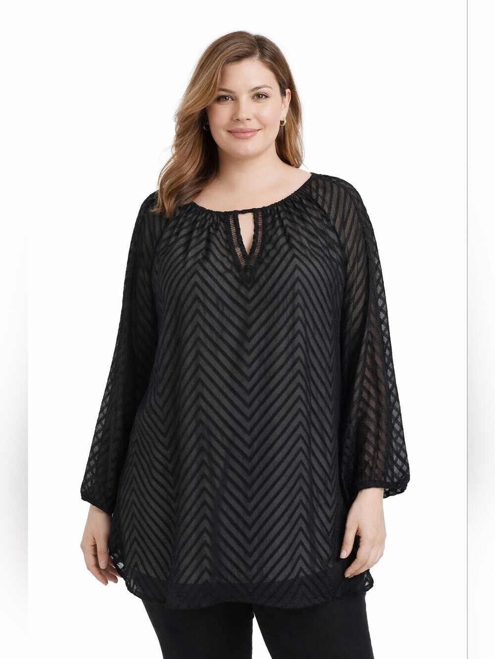 Signature Studio Black Chevron Sheer Lined Blouse Long Sleeves Women's 2X